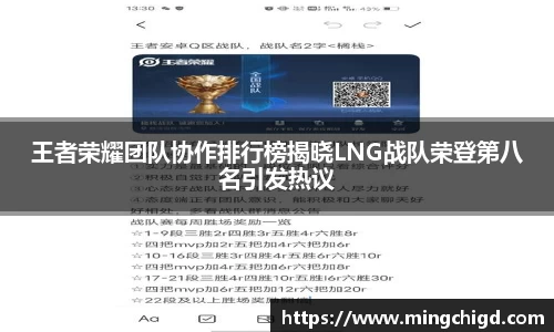 王者荣耀团队协作排行榜揭晓LNG战队荣登第八名引发热议